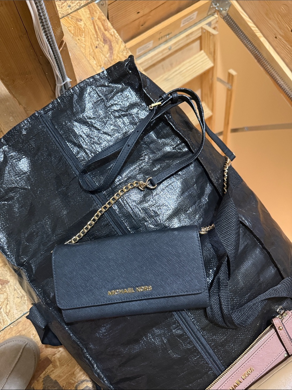 Michael Kors Black Saffiano Leather Chain Crossbody Wallet on chain